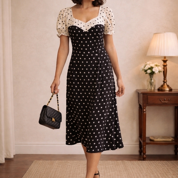 a new day Dresses & Skirts - Vintage Polka Dot Midi Dress Black & White Cottagecore Parisian Chic Retro Sz S